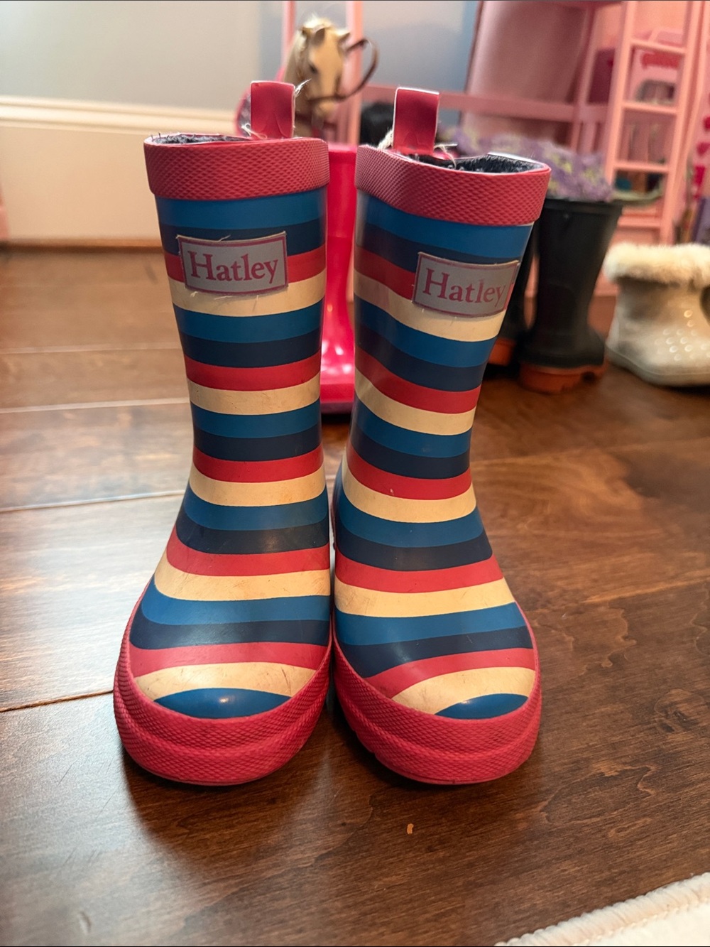 Hatley Kids' Striped Rain Boots in pink, Blue, Cream